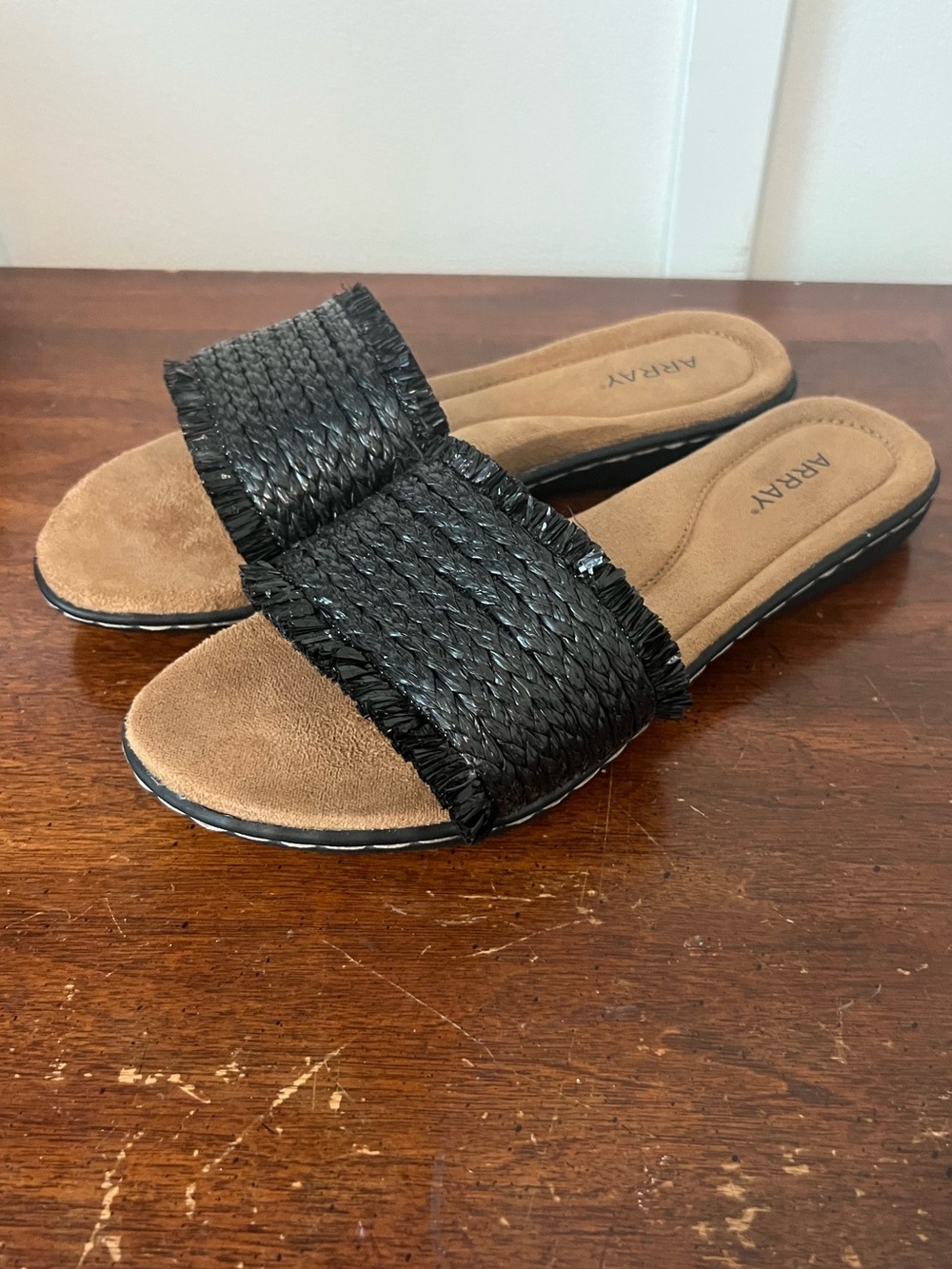 Array Black Braided Slide Mules with Tan Footbed size 10